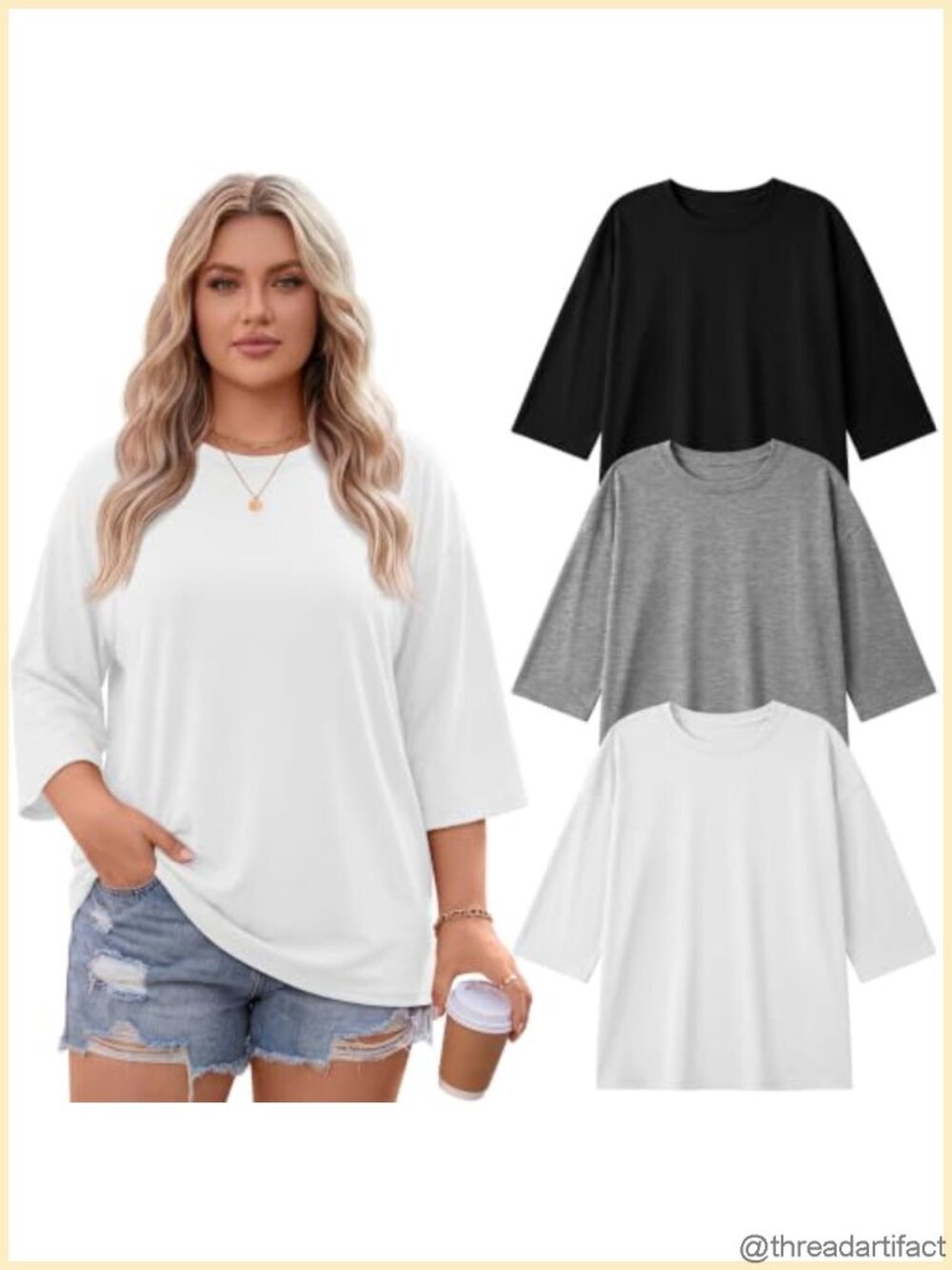 Plus Size Oversized Tops 3 Pack Cotton Blend Crew Neck 3/4 Sleeve Tunic
